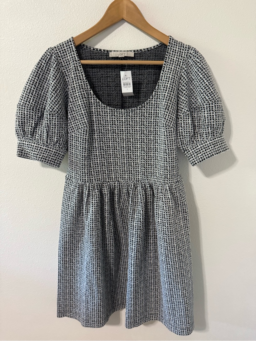 Loft Textured Gingham Short Puff Sleeve Twee Mini Dress Black White Scoop NWT-S